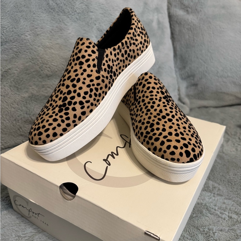 Tan and Black Slip-On Sneakers with Animal Print